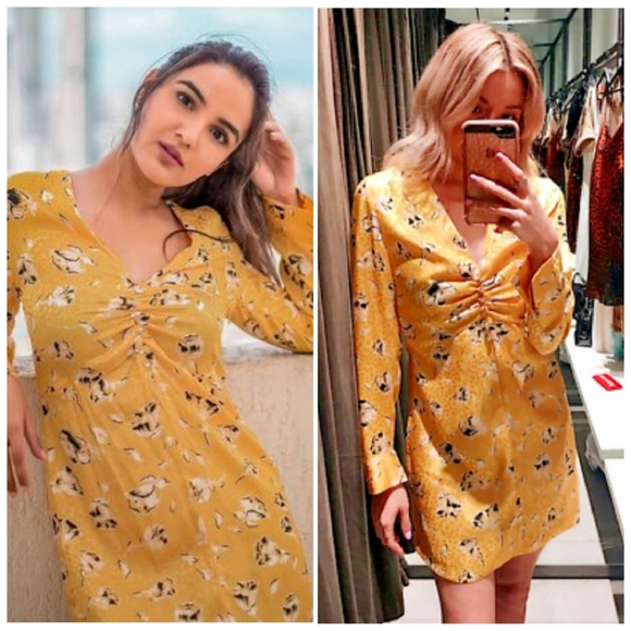 Zara Dresses | Zara Long Sleeve Yellow Floral Print Mini Dress | Color: Black/Yellow | Size: Xs | Rosegoldcoast's Closet